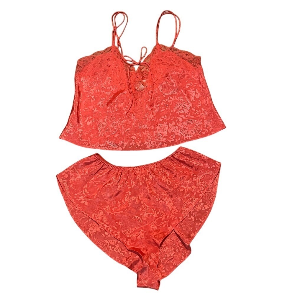 Victoria's Secret Gold Label Lingerie Set Size M Top Pants Coral Lace Vintage